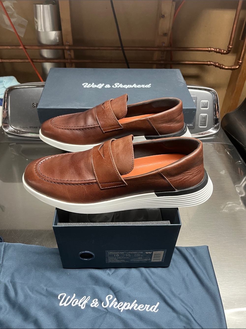 Wolf & Shepherd Men's Maple Leather Slip-On Loafer with White Sole, Worn Twice